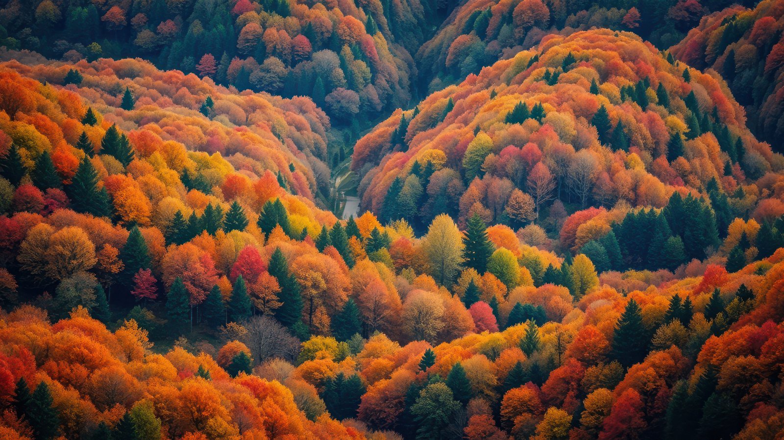Colorful autumn foliage covering hills in a beautiful forest landscape